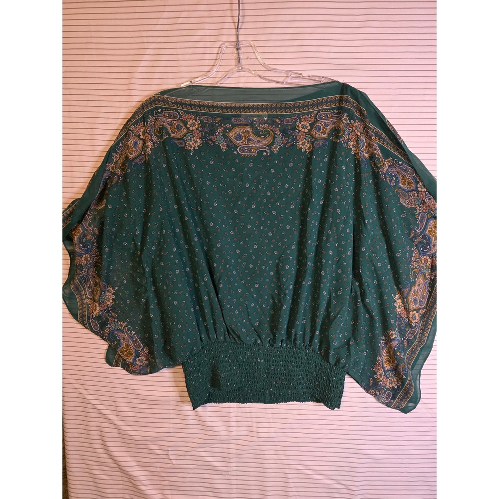 1231 Max Studio Green Paisley Dolman Sleeve Smocked Blouse Top 8705Y39 Medium